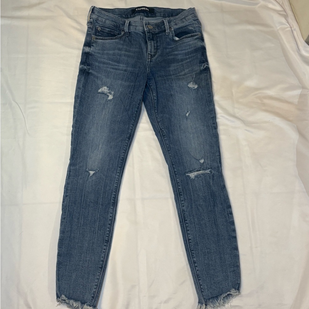 Express Women's 2R Mid Rise Light Blue Distressed Ankle Skinny Jeans